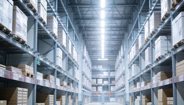 High-bay warehouse aisle showing metal racking, stacked pallets and bright led lighting