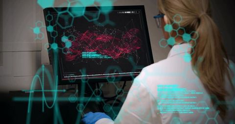 Scientist analyzing genomic waveform on monitor with holographic biotech interface