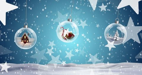 Festive Christmas Ornaments on Snowy Blue Background