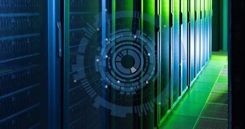 Futuristic digital composite of data center with moving circles