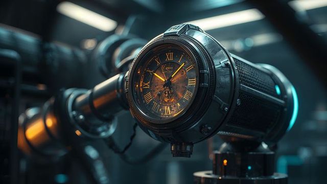 Steampunk cylinder with clock elements in industrial laboratory