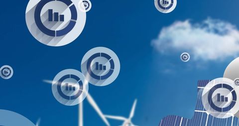 Floating Bar Graph Icons Over Wind Turbines and Puzzle - Download Free Stock Images Pikwizard.com