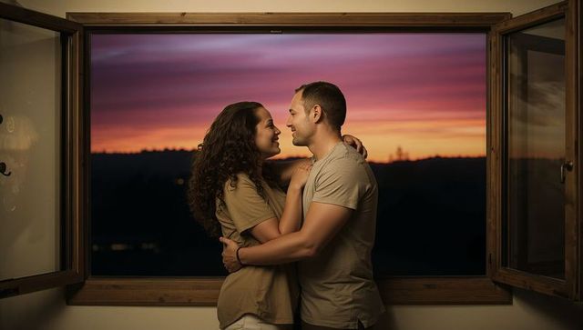 Romantic couple embracing in open window at twilight with vibrant sunset horizon