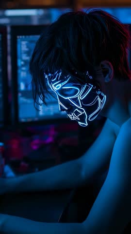 Shirtless coder wearing LED cyberpunk mask typing code at neon-lit home workstation