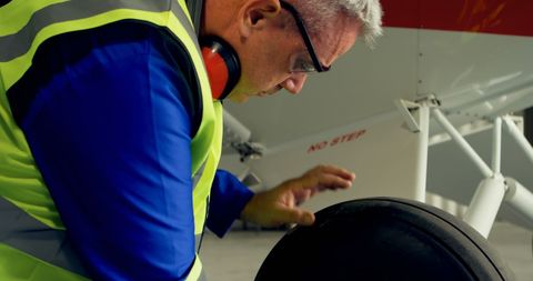 Aircraft mechanic conducting tire inspection at hangar