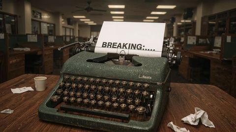 Vintage typewriter producing breaking news in a classic office