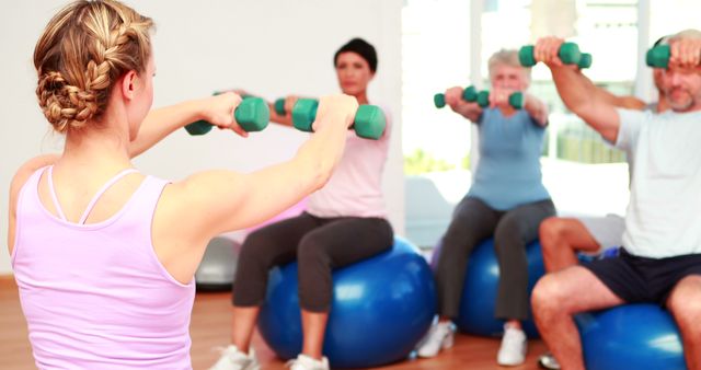 Fitness class sitting on exercise balls lifting hand weights at the gym