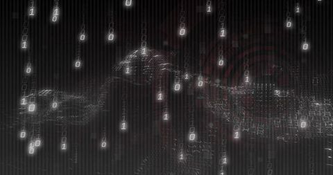 Streaming binary data over undulating particle ridge with neon glow and scanline effect