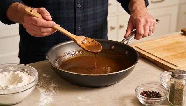 Home cook stirring velvety brown sauce in skillet with wooden spoon and spices