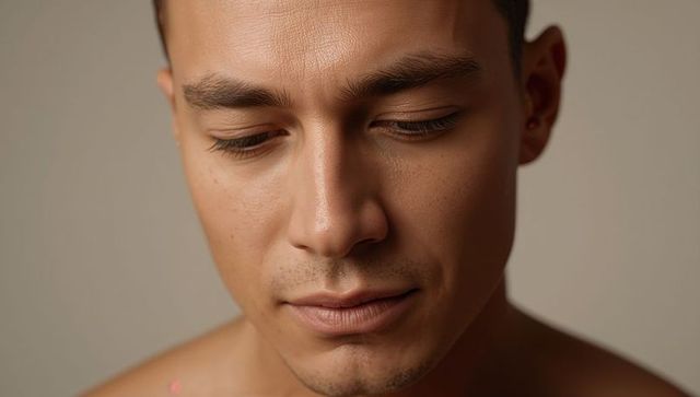 Contemplative man gazing downward closeup with warm skin tones, beige backdrop, introspective