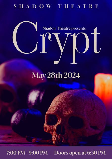 This poster describes a theatrical play announced by Shadow Theatre titled 'Crypt'. The announcement date mentioned is May 28th 2024 and the event timing is from 7:00 PM to 9:00 PM with doors opening at 6:30 PM. Suitable for advertising theatre productions, horror-themed events, and gothic performances.