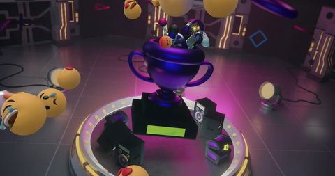 Futuristic Emoji Trophy in Digital Cyber Room