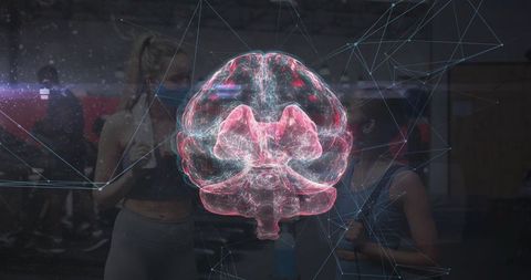 Projecting holographic brain hovering over gym training showing neural fitness tech