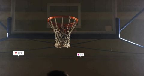 Basketball hoop orange rim white net with social media likes and location overlays