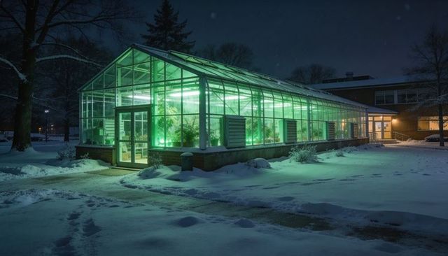 Glowing glass greenhouse emitting emerald light on snowy night campus path