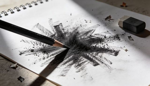 Sharpened graphite pencil creating dramatic starburst smudging on spiral sketchbook