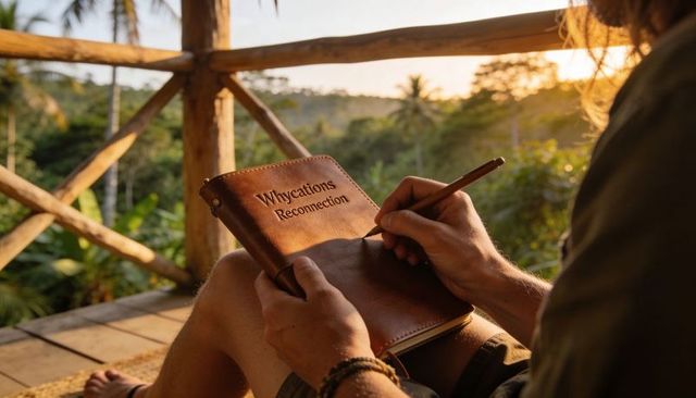 Journaling on tropical veranda at sunset with leather whycations reconnection journal
