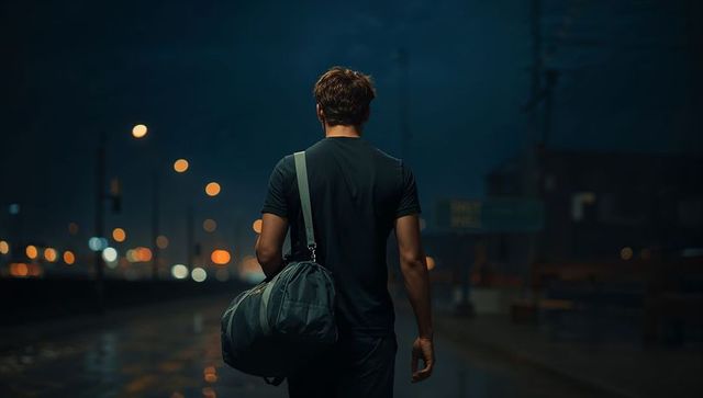 Man Walking at Night Carrying Duffel Bag on Wet Urban Street, Moody Backlit Silhouette
