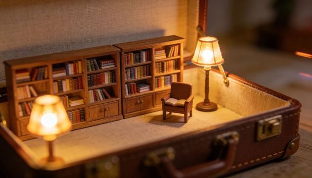 Miniature library inside vintage suitcase glowing with warm lamp light and cozy armchair