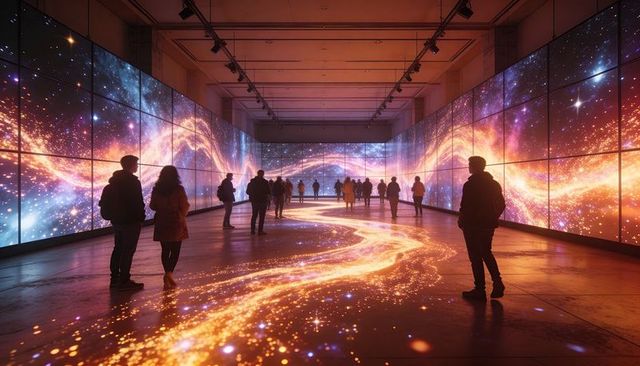Immersive LED Gallery with Golden Cosmic Floor Ribbon and Silhouetted Visitors