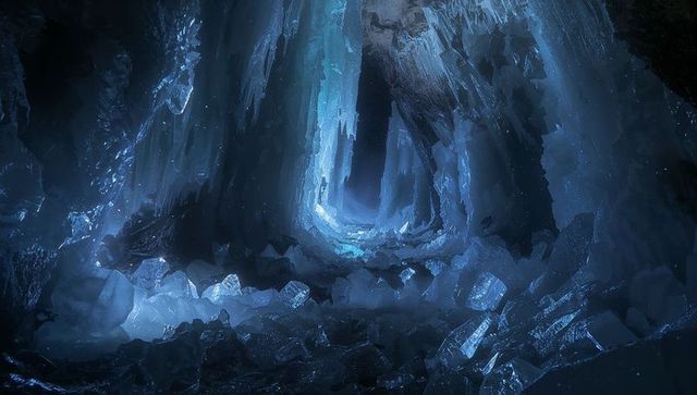 Mystical Blue Glowing Ice Cave with Crystalline Formations