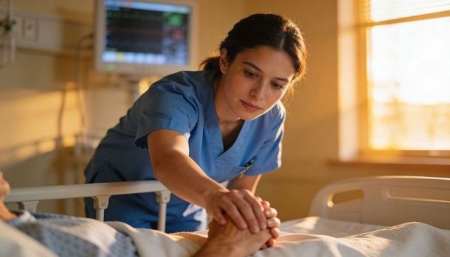Nurse holding patient hand at bedside offering compassionate care in warm sunlit hospital room
