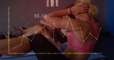 Crunching in group fitness class with data graph overlay showing progress and metrics