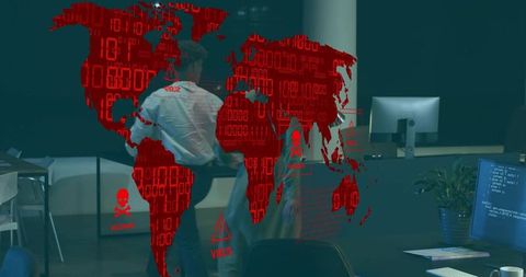 Global cyber threat discussion in modern office with red malware map overlay and it team