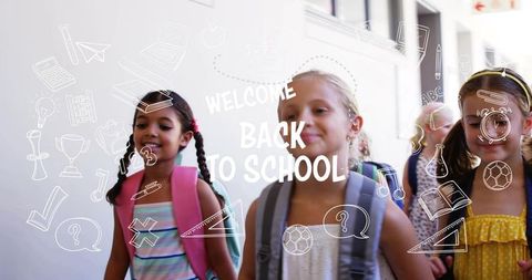 Elementary kids walking in school corridor with backpacks and back to school overlays