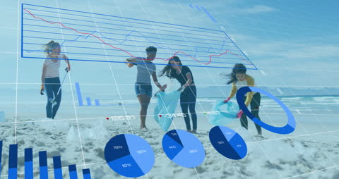 Volunteers Engaged in Beach Cleanup with Overlaying Data Graphics