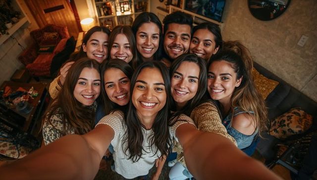 Friends taking cozy living room selfie, laughing and hugging, casual weekend home gathering