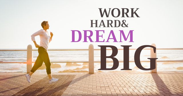 Woman Jogging by Sea with Motivational Quote Work Hard and Dream Big - Download Free Stock Templates Pikwizard.com