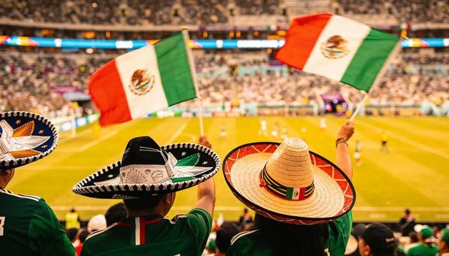 Mexican fans cheering in stadium wearing colorful sombreros and waving national flags