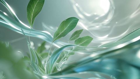 Green Sprout Surrounded by Ethereal Fluid Ribbons in Abstract Nature Scene