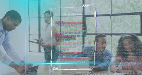 Business Team Collaborating at Table with Holographic Data Overlay and Analytics Dashboard