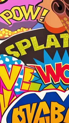 Looping vertical pop art animation with POW SPLAT WOW comic bursts and vibrant graphics