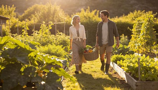 Sunlit couple harvesting vegetables in backyard garden carrying wicker basket of produce