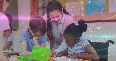 Teacher Guiding Enthusiastic Students in Classroom Activity