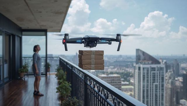 Drone delivering parcels to high-rise balcony while woman observing urban city skyline