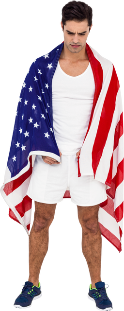 Contemplative Young Athlete Wrapped in Transparent American Flag - Download Free Stock Videos Pikwizard.com