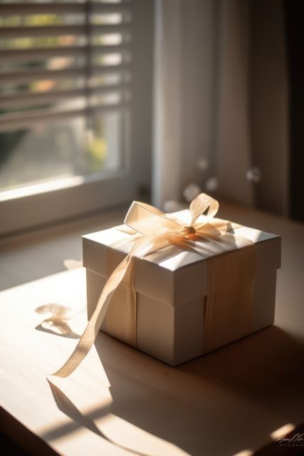Close up of beige gift with ribbon on windowsill, created using generative ai technology. Gift, present, giving and celebration concept digitally generated image.
