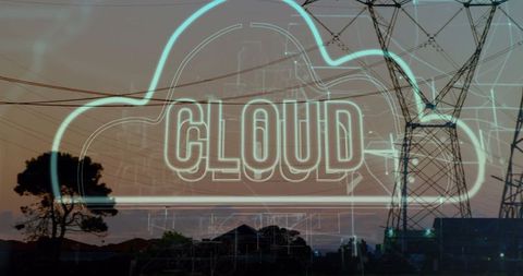 Glowing Cloud Graphic Over Cityscape with Transmission Towers
