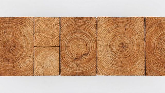 End-grain wood blocks displaying growth rings and cracks, rustic timber texture panel