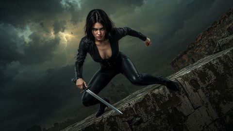 Fierce assassin warrior crouching with sword understormy skies