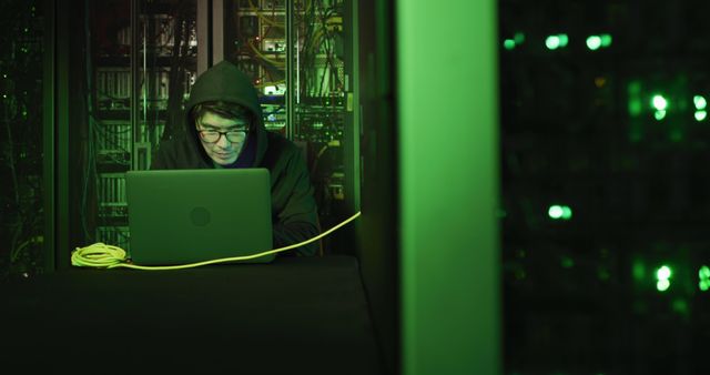 Absorbed Hacker Working Late in Server Room with Green Light - Download Free Stock Photos Pikwizard.com