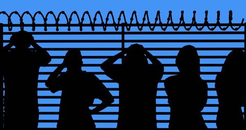 Silhouettes of People Behind Barbed Fence Illustrate Barriers