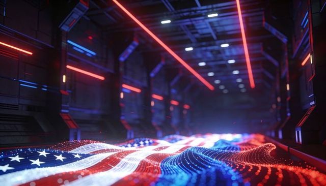 Digital us flag rippling through futuristic neon tunnel with holographic particles and led grid