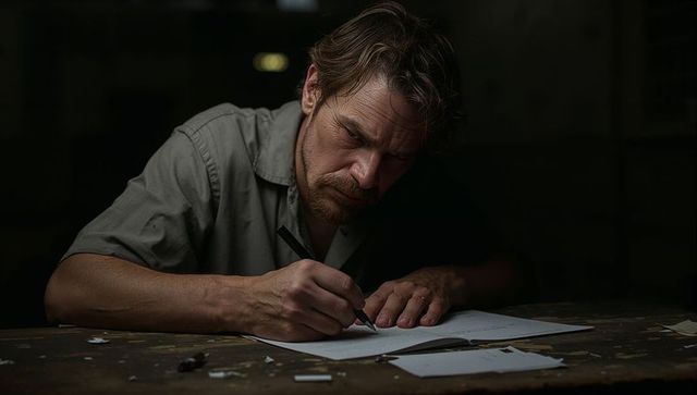 Creative Artisan Male Writing Notes in Moody Rustic Room