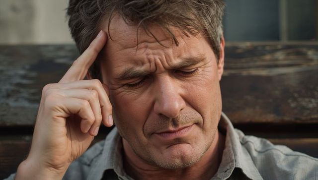 Middle-aged man holding temple, frowning and contemplating on porch bench