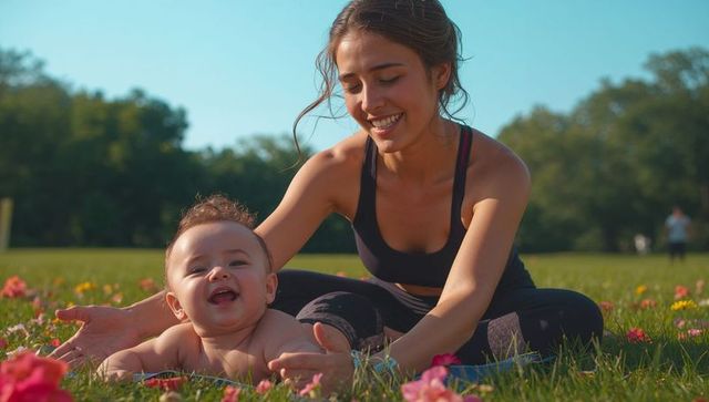 Mother bonding with happy baby outdoors among flowers